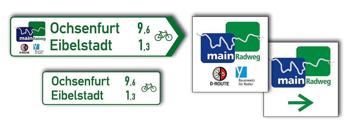 Beschilderung MainRadweg Vier Schilder mit Wegweisern für den Main-Radweg, zwei mit Entfernungen zu Ochsenfurt und Eibelstadt, zwei mit Logos und Pfeil.